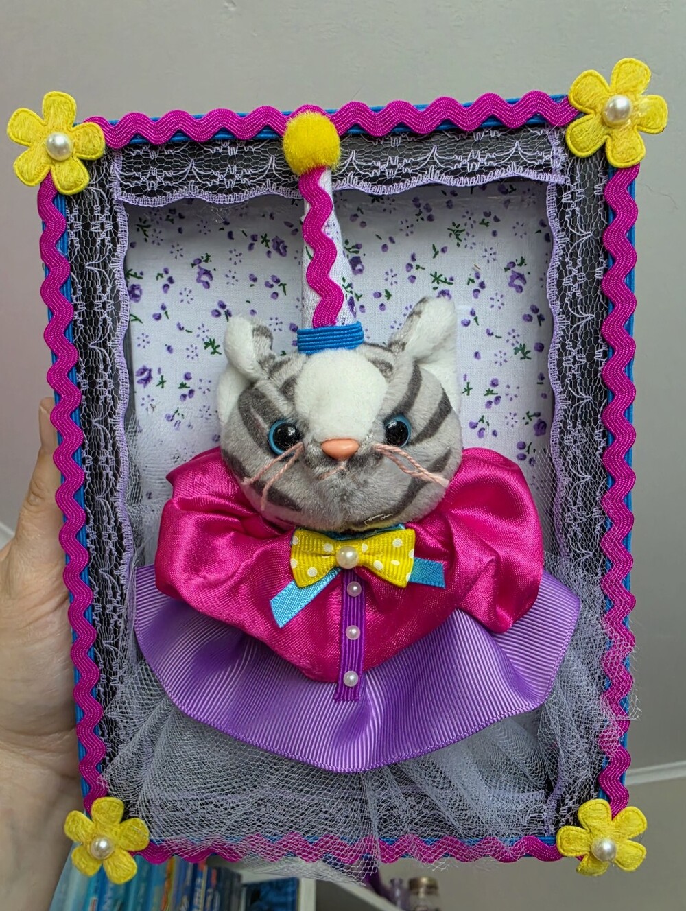Handmade Plush Cat Wall Hanging in Hot Pink & Purple